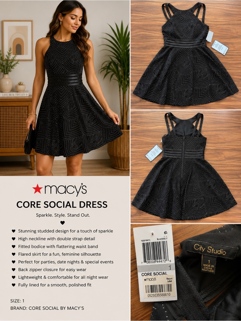 Macy's Core Social Black Studded Fit-and-Flare Dress